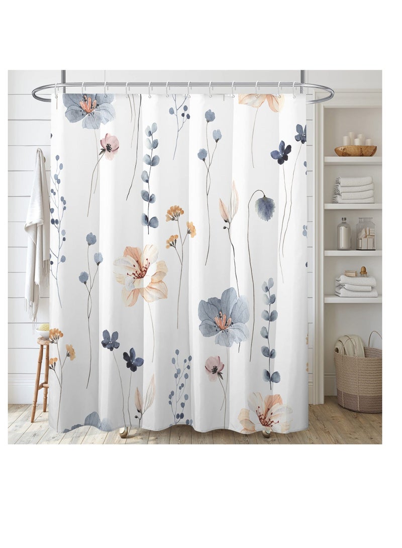 Watercolor Floral Shower Curtain Sets, Boho Floral Shower Curtain, Watercolor Blue Flowers Shower Curtain Sets, Modern Minimalist Waterproof Fabric Bath Curtain, with 12 Hooks (72x72 Inches) - Image 1