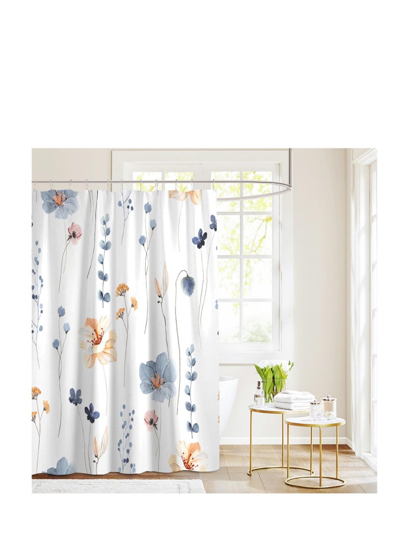 Watercolor Floral Shower Curtain Sets, Boho Floral Shower Curtain, Watercolor Blue Flowers Shower Curtain Sets, Modern Minimalist Waterproof Fabric Bath Curtain, with 12 Hooks (72x72 Inches) - Image 4
