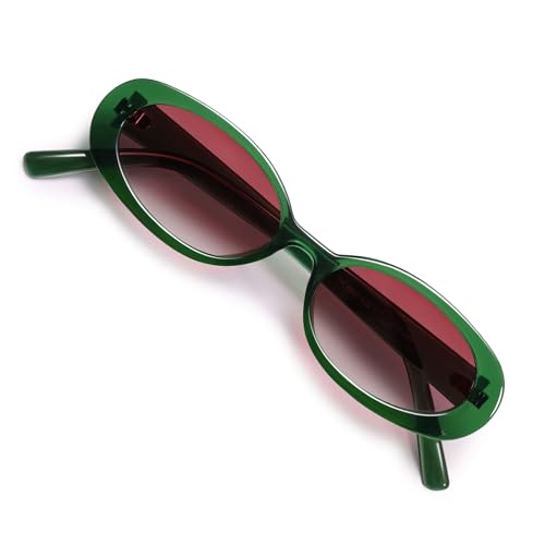 VANLINKER Retro Vintage Oval Sunglasses for Women 90s Polarized Trendy Sun Glasses,Green Frame Pink Lens - Image 1