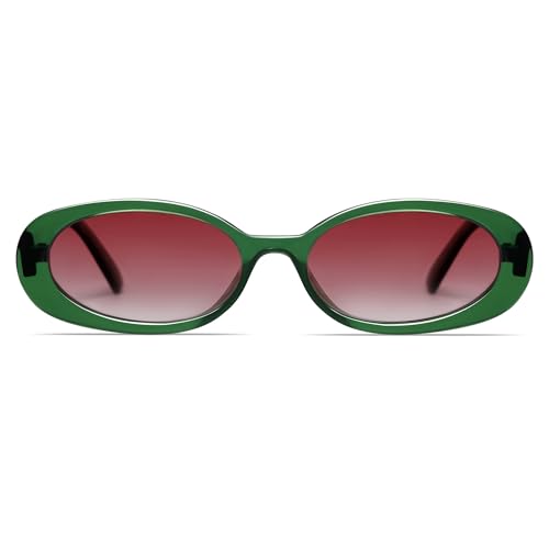 VANLINKER Retro Vintage Oval Sunglasses for Women 90s Polarized Trendy Sun Glasses,Green Frame Pink Lens - Image 2