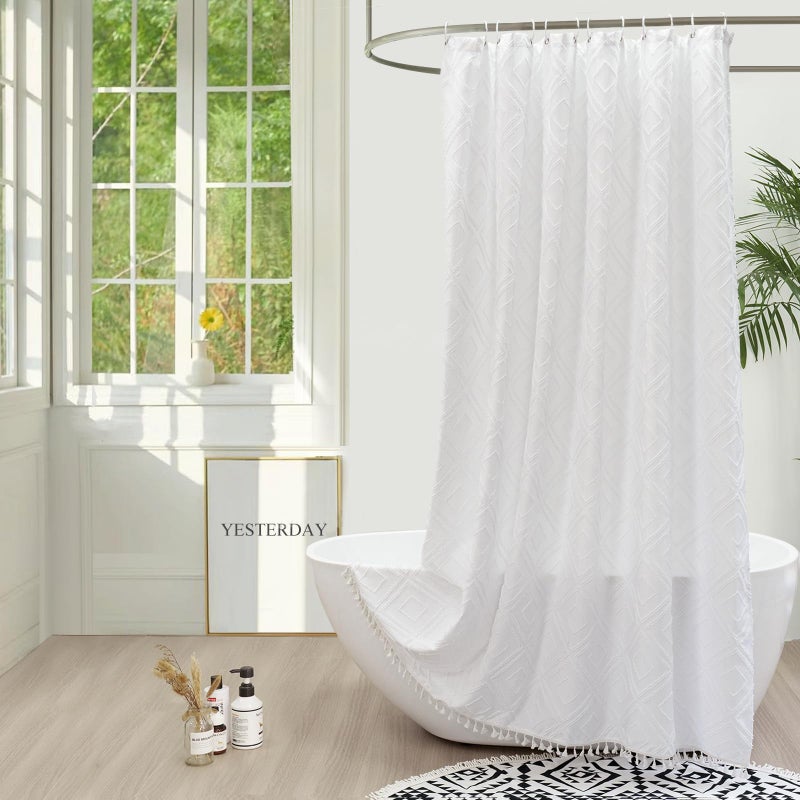 Eurcross Long White Boho Fabric Startain for Farmhouse 72 × 78 بوصات الطول لينة وأنيقة من القماش المملوءة بقطعة الستائر القابلة للغسل والطارد المائي للحمام - Image 1