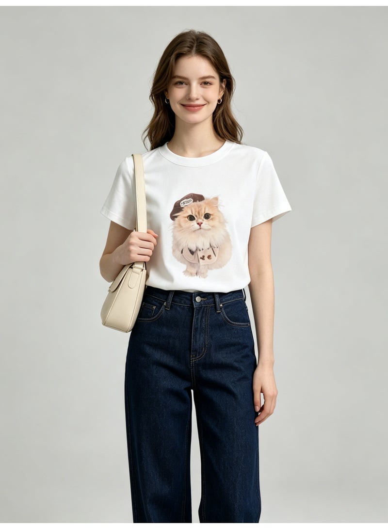 زارا ZARA Women’s Crew Neck Short Sleeve T-shirt with Cute Cat Graphic Print - Image 1