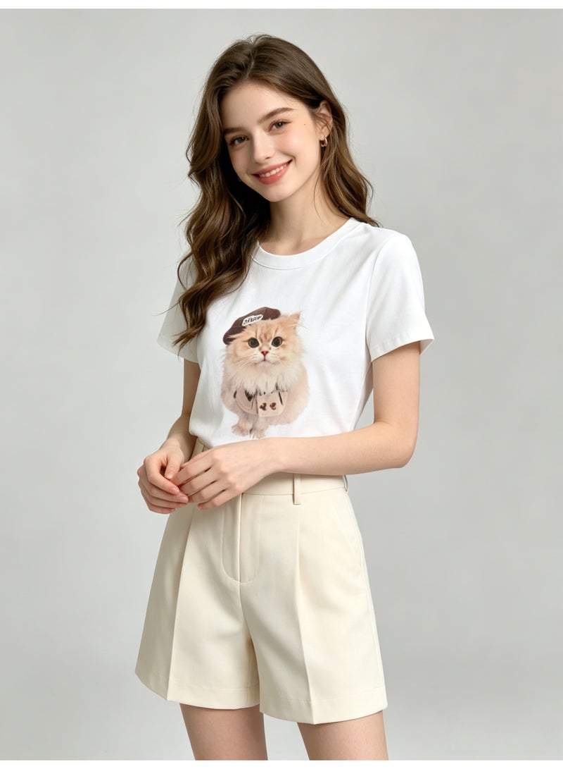 زارا ZARA Women’s Crew Neck Short Sleeve T-shirt with Cute Cat Graphic Print - Image 4
