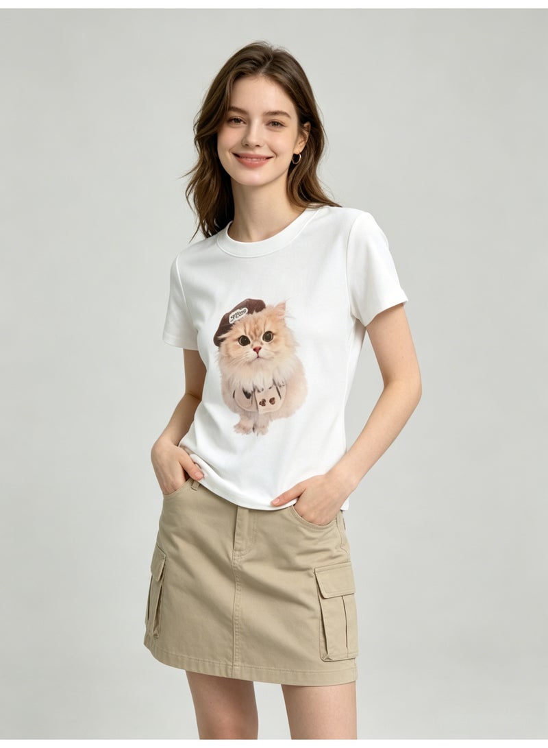 زارا ZARA Women’s Crew Neck Short Sleeve T-shirt with Cute Cat Graphic Print - Image 2