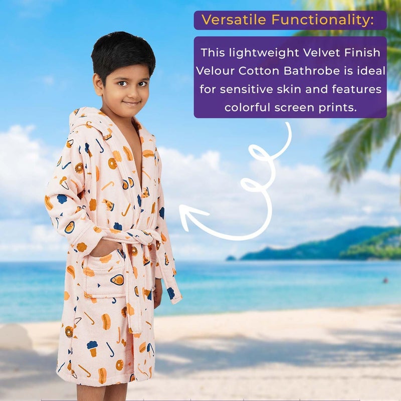 Rangoli Pizza-Theme 100% Cotton Kids Bathrobe, 400 GSM - Ultra-Soft Hooded Bathrobe for Boys and Girls, Peach, 11 to 12 Years - Image 5