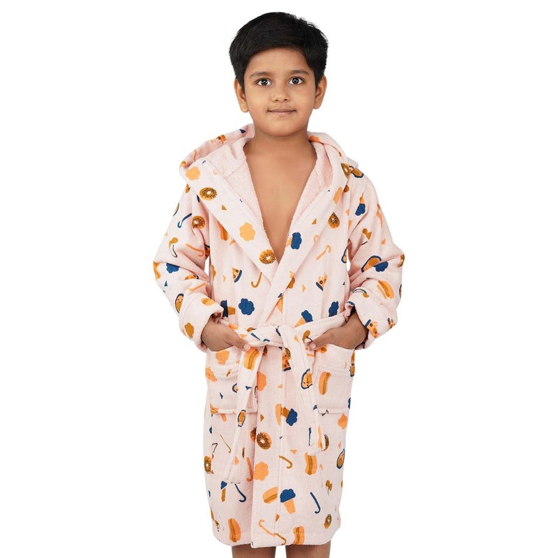 Rangoli Pizza-Theme 100% Cotton Kids Bathrobe, 400 GSM - Ultra-Soft Hooded Bathrobe for Boys and Girls, Peach, 11 to 12 Years - Image 1
