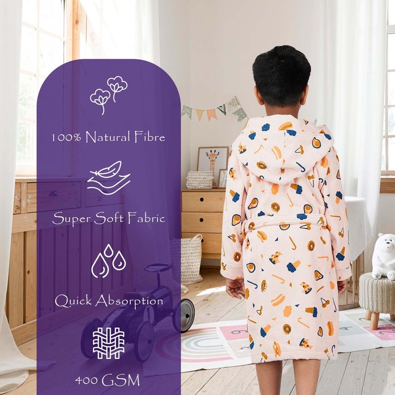 Rangoli Pizza-Theme 100% Cotton Kids Bathrobe, 400 GSM - Ultra-Soft Hooded Bathrobe for Boys and Girls, Peach, 11 to 12 Years - Image 2