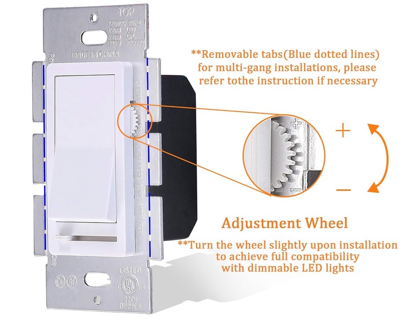 CLOUDY BAY in Wall Dimmer Switch for LED Light/CFL/Incandescent,3-Way Single Pole Dimmable Slide, 600W max Incandescent,150W max Dimmable LED/CFL, Cover Plate Included, Pack of 2 - Image 2