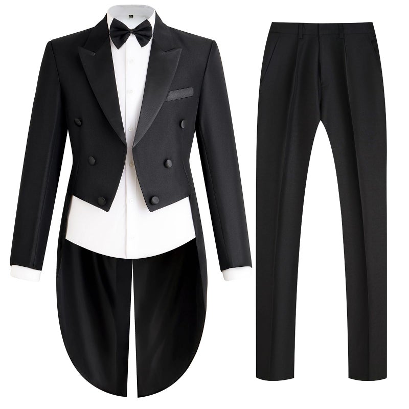 Mens Tailcoat Suit Jacket Tuxedo Double Breast Swallow Tail Coat Pants Bow Tie Black