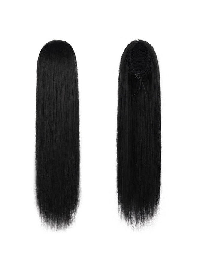 BARSDAR Short Straight Ponytail Extension - 16 Inch Drawstring Black Ponytail Hair Extensions for Women - Synthetic Fake Pony Tails Hairpieces Clip in Straight Ponytails Daily - Jet Black - Image 2