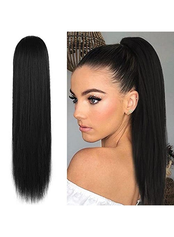 BARSDAR Short Straight Ponytail Extension - 16 Inch Drawstring Black Ponytail Hair Extensions for Women - Synthetic Fake Pony Tails Hairpieces Clip in Straight Ponytails Daily - Jet Black - Image 1