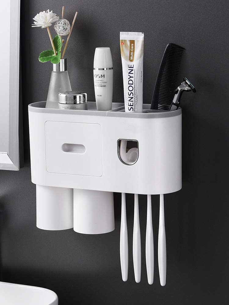 Antokin Toothbrush Holder with Cosmetic Drawer Organizer and Toothbrush Rack Integrated with Automatic Toothpaste Dispenser Space Saving with Magnetic Cup Design 2 Cup - Image 1