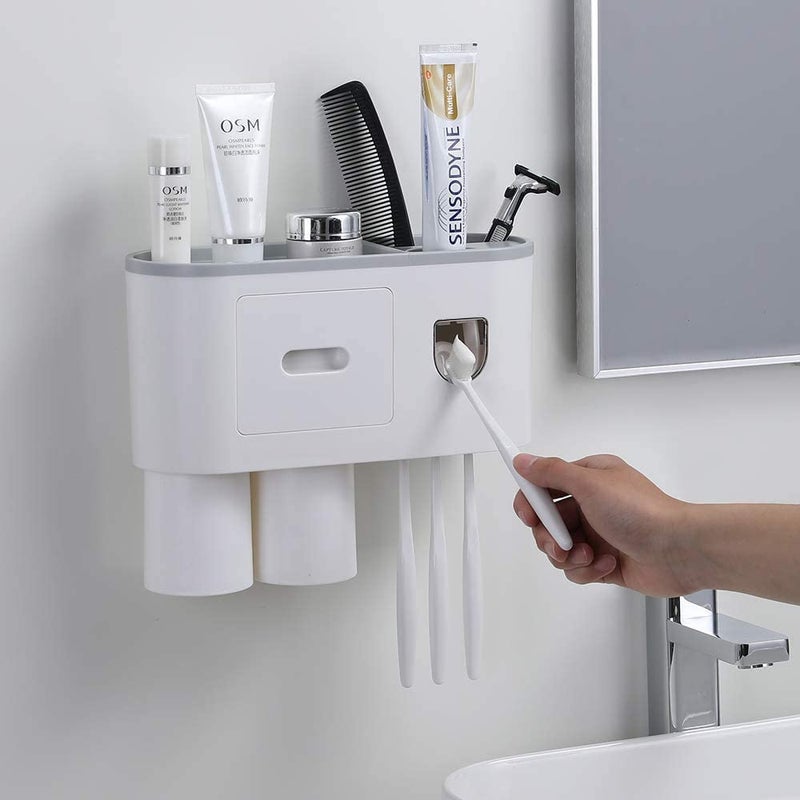 Antokin Toothbrush Holder with Cosmetic Drawer Organizer and Toothbrush Rack Integrated with Automatic Toothpaste Dispenser Space Saving with Magnetic Cup Design 2 Cup - Image 3