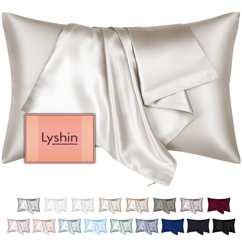 LYSHIN أغطية وسائد من حرير التوت من LYSHIN، مقاس قياسي مع سحاب مخفي، غطاء وسادة من حرير الساتان فائق النعومة والتهوية، مناسب للشعر والبشرة، هدية للنساء والرجال (بيج، 20 × 26 بوصة، عبوة واحدة) - Image 1