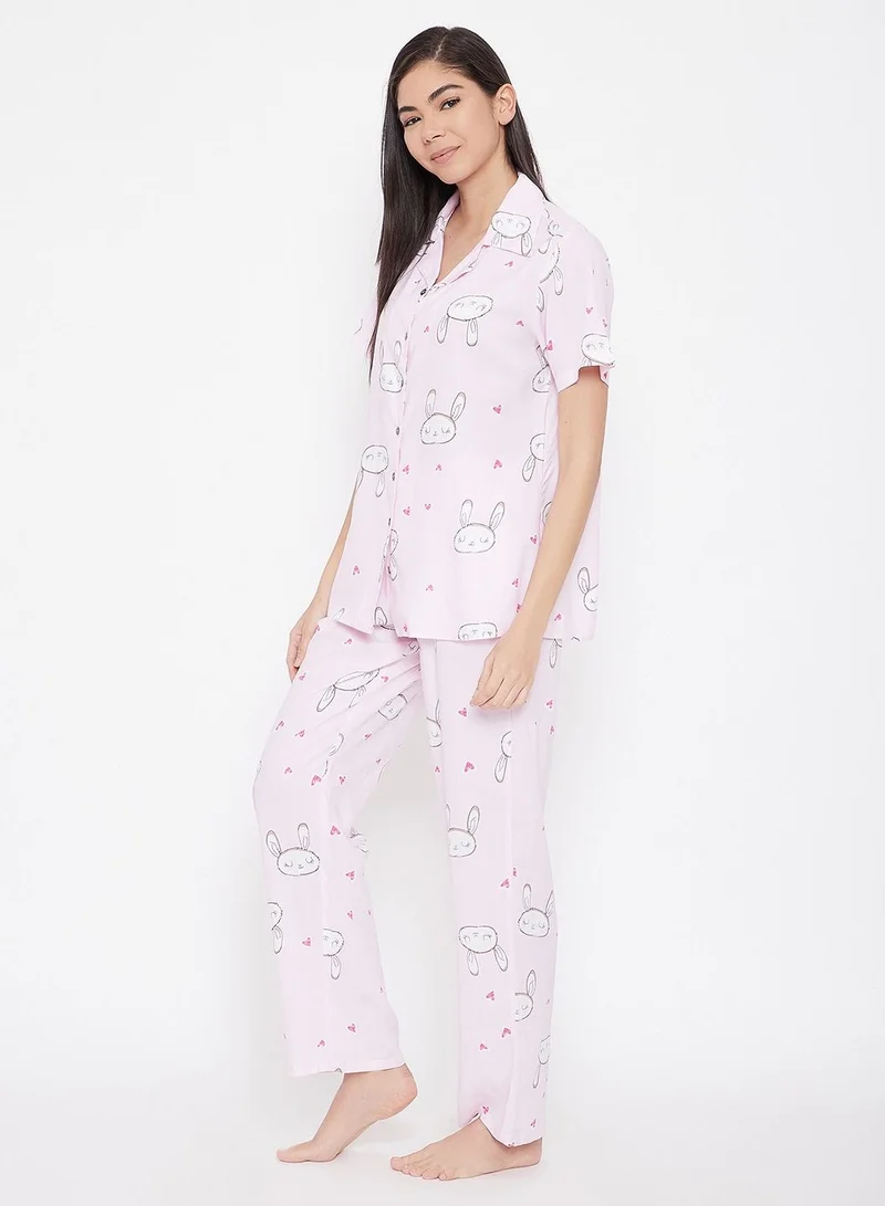 كلوفيا Clovia Bunny and Heart Print Button Me Up Shirt and Pyjama in Baby Pink - Rayon