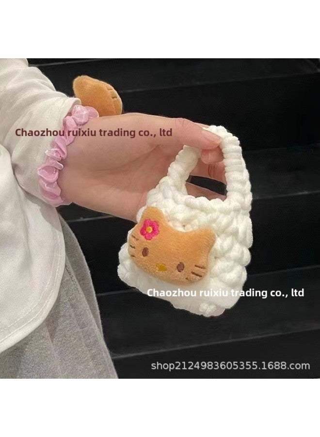 Pink Cute Cyber Red Bear Lion Wake Flower Plush Hand-woven Drop-resistant Headphone Bag Bluetooth Headphone Protective Cover Finished Product-Color:KT Cat Head Earphone Bag Milky White  - Image 1