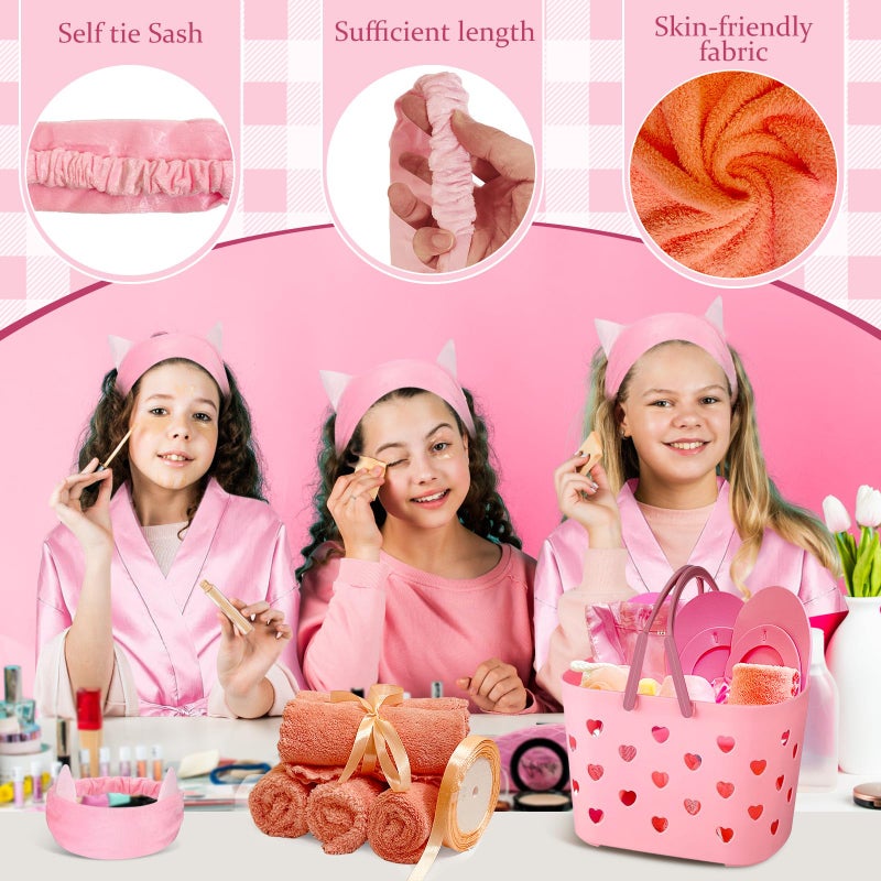 yasuwekik 8 Sets Spa Party Supplies for Girls Sleepover Party Favors with Pink Basket Satin Robe Towel Headband Satin Hair Scrunchies Loofah Disposable Slipper Gift Ribbon for Birthday - Image 4
