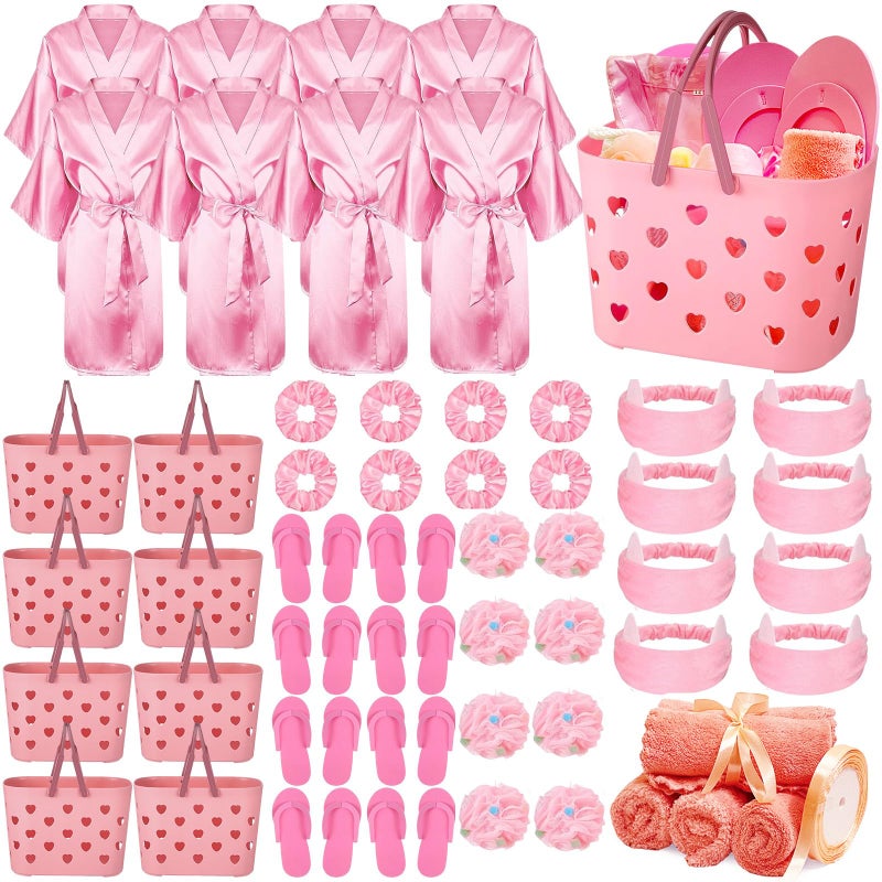 yasuwekik 8 Sets Spa Party Supplies for Girls Sleepover Party Favors with Pink Basket Satin Robe Towel Headband Satin Hair Scrunchies Loofah Disposable Slipper Gift Ribbon for Birthday - Image 1