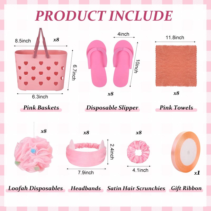 yasuwekik 8 Sets Spa Party Supplies for Girls Sleepover Party Favors with Pink Basket Satin Robe Towel Headband Satin Hair Scrunchies Loofah Disposable Slipper Gift Ribbon for Birthday - Image 3