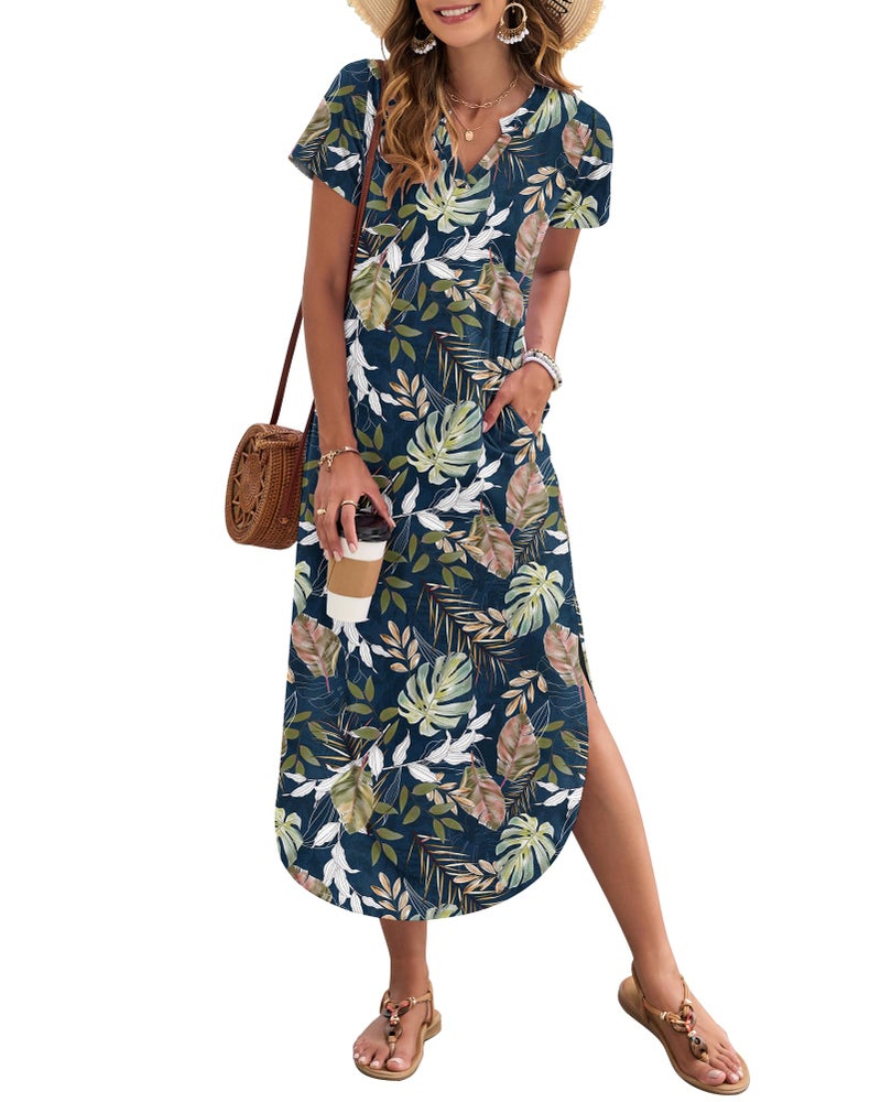 MISFAY Women's Summer Casual Maxi Dress 2026 Short Sleeves V Neck Loose Sundress Split Long Beach T Shirt Dress Vacation Outfits(Tropical Leaf,M) - Image 5