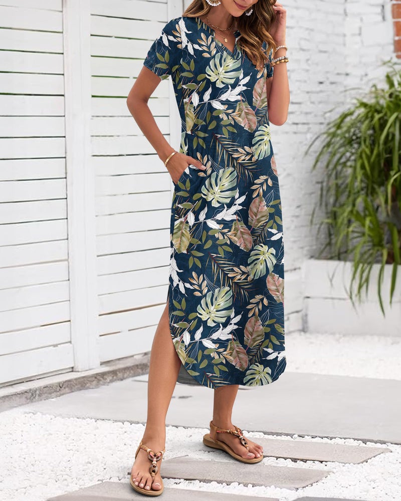 MISFAY Women's Summer Casual Maxi Dress 2026 Short Sleeves V Neck Loose Sundress Split Long Beach T Shirt Dress Vacation Outfits(Tropical Leaf,M) - Image 2