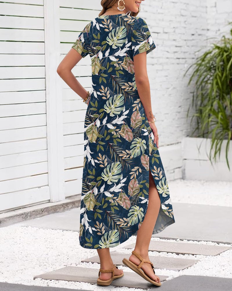 MISFAY Women's Summer Casual Maxi Dress 2026 Short Sleeves V Neck Loose Sundress Split Long Beach T Shirt Dress Vacation Outfits(Tropical Leaf,M) - Image 3