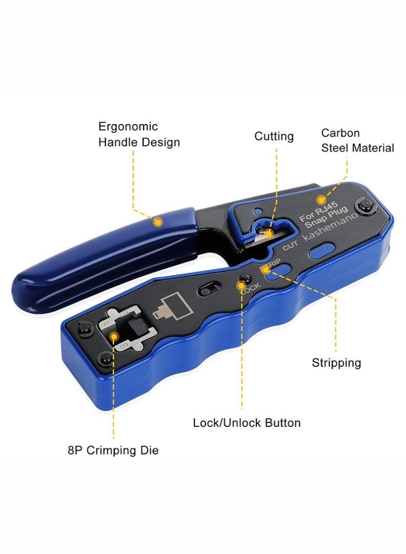 kashemano RJ45 Crimp Tool Kit, Blue Ethernet Pass Through Crimper, Network Cat5 Cat6 Crimping Tool Repair Kit Includes Cable Tester, Mini Stripper, Blades, 50Pcs Connectors - Image 5