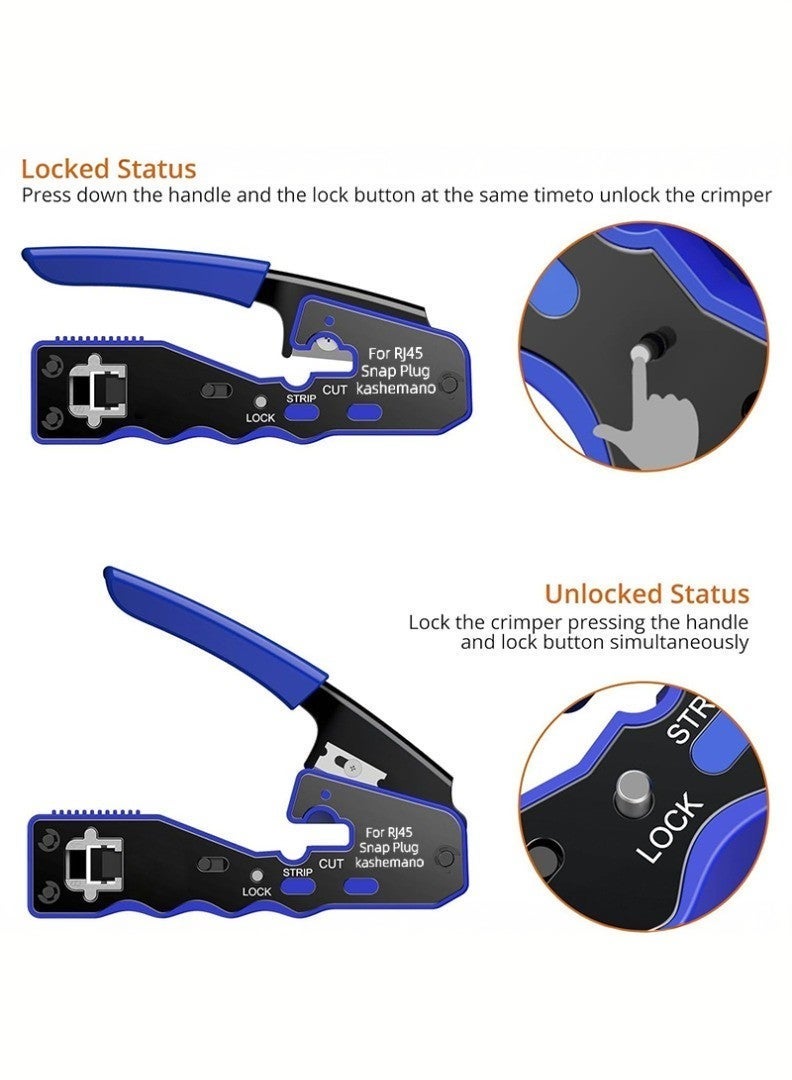 kashemano RJ45 Crimp Tool Kit, Blue Ethernet Pass Through Crimper, Network Cat5 Cat6 Crimping Tool Repair Kit Includes Cable Tester, Mini Stripper, Blades, 50Pcs Connectors - Image 3