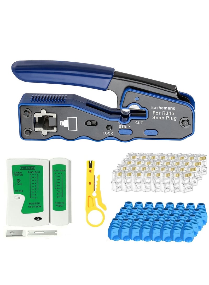 kashemano RJ45 Crimp Tool Kit, Blue Ethernet Pass Through Crimper, Network Cat5 Cat6 Crimping Tool Repair Kit Includes Cable Tester, Mini Stripper, Blades, 50Pcs Connectors - Image 1