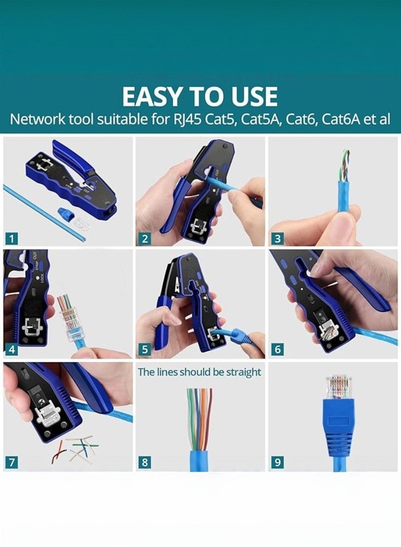 kashemano RJ45 Crimp Tool Kit, Blue Ethernet Pass Through Crimper, Network Cat5 Cat6 Crimping Tool Repair Kit Includes Cable Tester, Mini Stripper, Blades, 50Pcs Connectors - Image 4