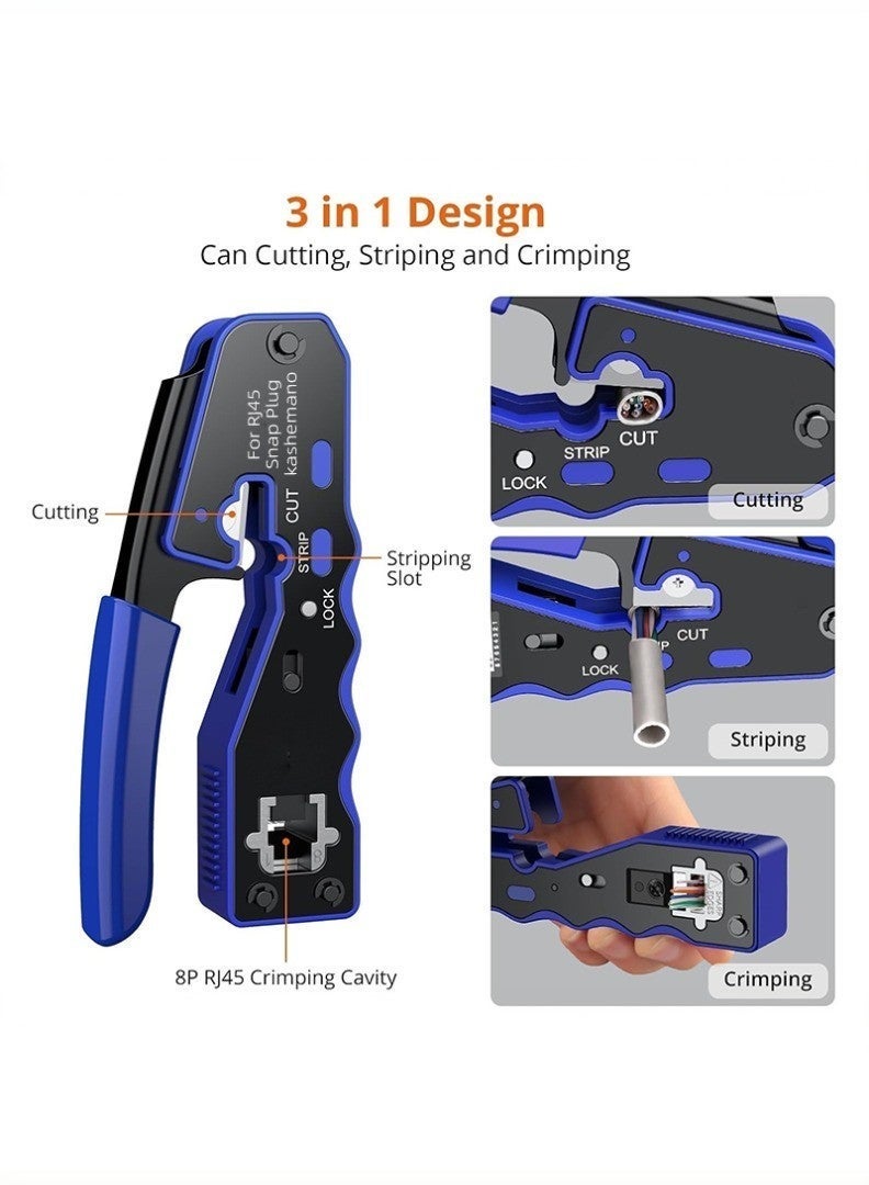 kashemano RJ45 Crimp Tool Kit, Blue Ethernet Pass Through Crimper, Network Cat5 Cat6 Crimping Tool Repair Kit Includes Cable Tester, Mini Stripper, Blades, 50Pcs Connectors - Image 2