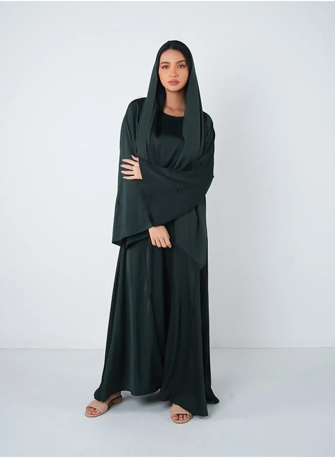 JAMEELA Dark Green Soft Satin Embellishment Open Abaya 3 pieces Set