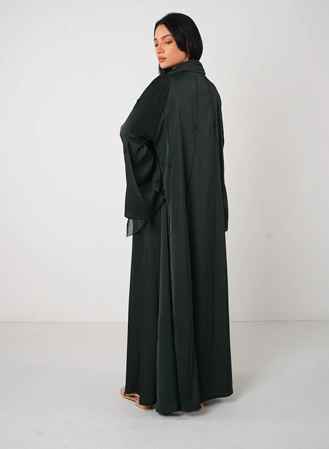 JAMEELA Dark Green Soft Satin Embellishment Open Abaya 3 pieces Set