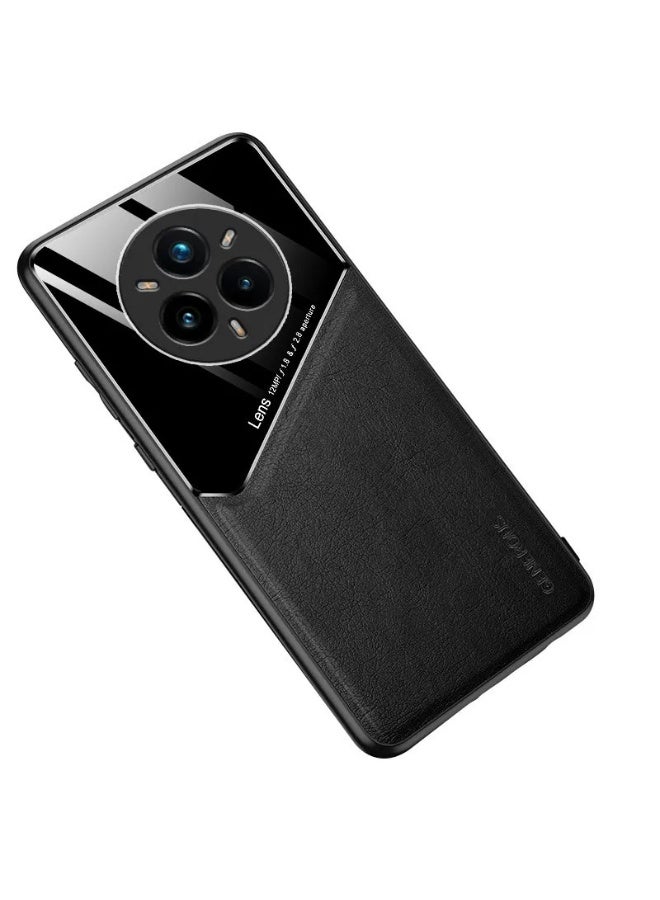 جراب متوافق مع Realme 14 Pro Plus 5G، غطاء فاخر من الجلد والزجاج مع حامل مغناطيسي للسيارة، غطاء هاتف بإطار ناعم من السيليكون (أسود)