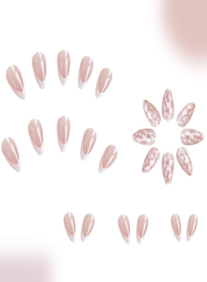 TOGZOM Almond Press on Nails Medium White Fake Nails Flowers Acrylic Nails French Tip Nails Press on with Glitter Designs Full Cover Glue on Nails for Women Girls Manicure 24Pcs - Image 3