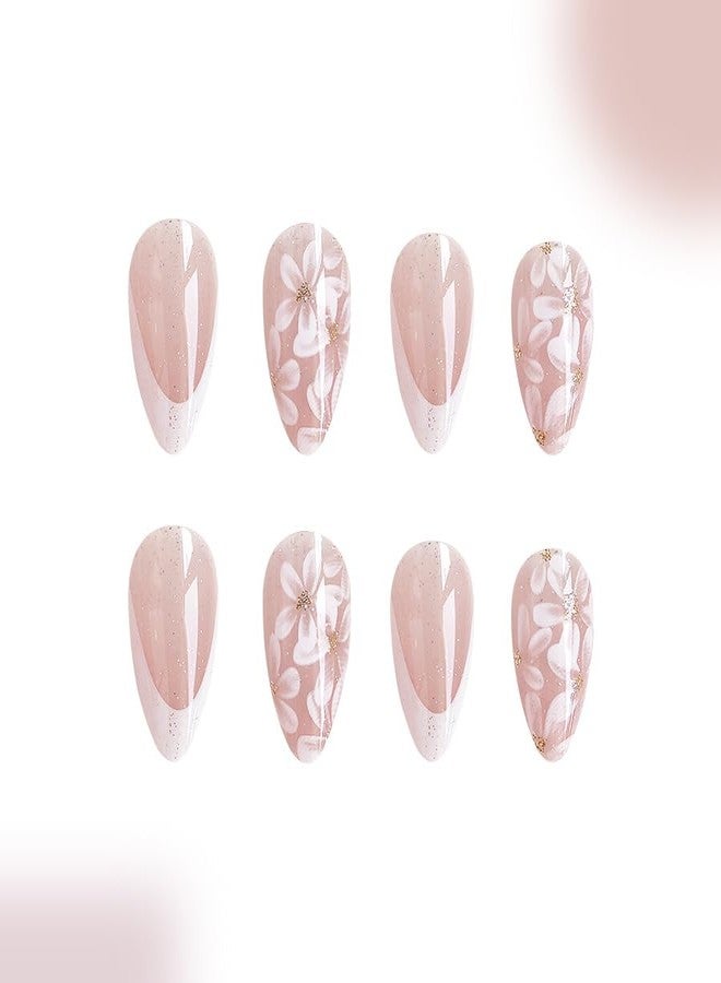 TOGZOM Almond Press on Nails Medium White Fake Nails Flowers Acrylic Nails French Tip Nails Press on with Glitter Designs Full Cover Glue on Nails for Women Girls Manicure 24Pcs - Image 4