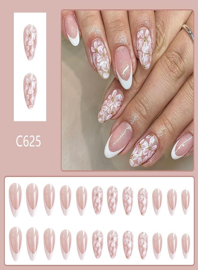 TOGZOM Almond Press on Nails Medium White Fake Nails Flowers Acrylic Nails French Tip Nails Press on with Glitter Designs Full Cover Glue on Nails for Women Girls Manicure 24Pcs - Image 5
