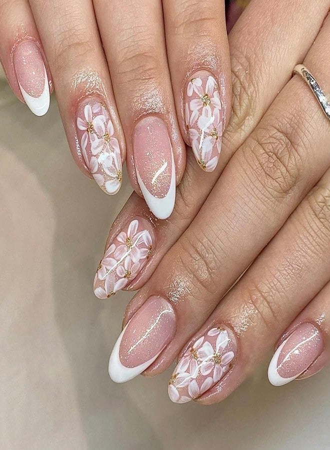 TOGZOM Almond Press on Nails Medium White Fake Nails Flowers Acrylic Nails French Tip Nails Press on with Glitter Designs Full Cover Glue on Nails for Women Girls Manicure 24Pcs - Image 1