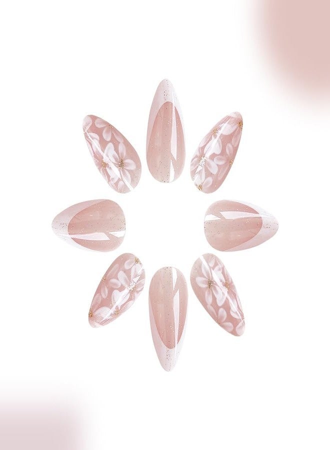 TOGZOM Almond Press on Nails Medium White Fake Nails Flowers Acrylic Nails French Tip Nails Press on with Glitter Designs Full Cover Glue on Nails for Women Girls Manicure 24Pcs - Image 2