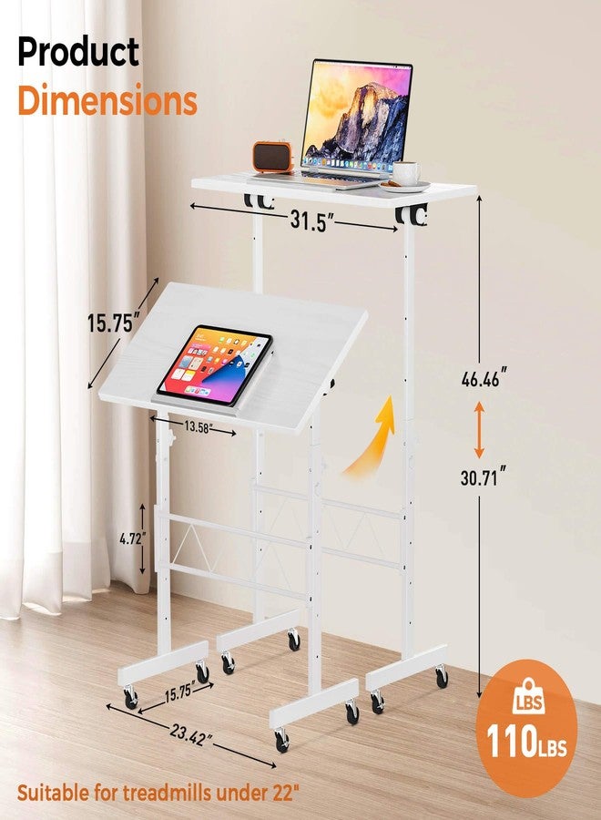COMHOMA Standing Desk Adjustable Height & Tiltable Tabletop, Portable Stand Up Desk for Laptop, Mobile Folding Desk for Home Office Work and Walking Pad Treadmill, Height 30.7"-46.4", White - Image 2
