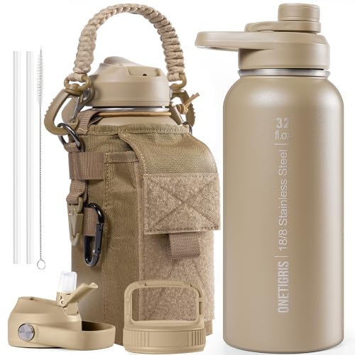 ONETIGRIS 32 oz Insulated Water Bottle with Straw - Tactical Stainless Steel Water Jug, Leakproof Thermos Wide Mouth Sport bottle with 3 Lids and Sleeve for Travel, Gym, Camping, Hiking - Image 1