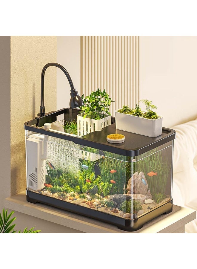 YOUWE7 Aquarium Kit, Ultra-Clear Rimless Desktop Fish Tank Aquarium Starter Kit with Water Grass Lamp & Oxygen Water Pump Filter & Basket & Cover Perfect for Small Fish, Shrimp(Black) - Image 1