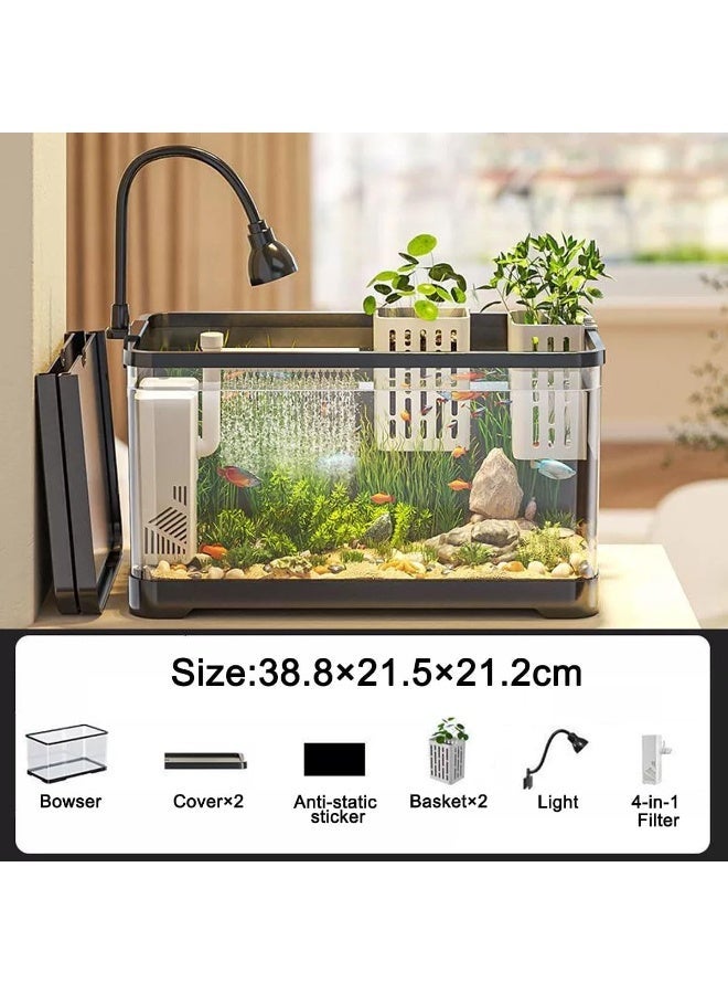 YOUWE7 Aquarium Kit, Ultra-Clear Rimless Desktop Fish Tank Aquarium Starter Kit with Water Grass Lamp & Oxygen Water Pump Filter & Basket & Cover Perfect for Small Fish, Shrimp(Black) - Image 2