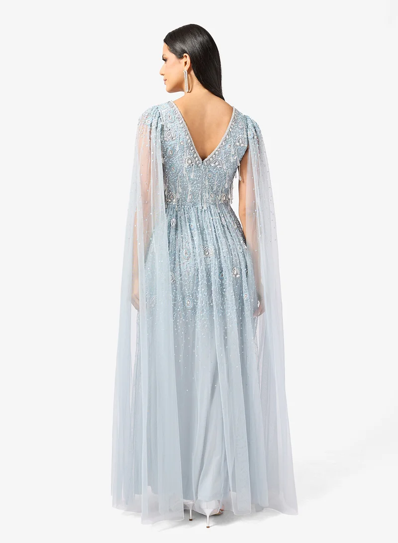 Namshi x Bead Embellished Evening Gown with Cape Sleeves