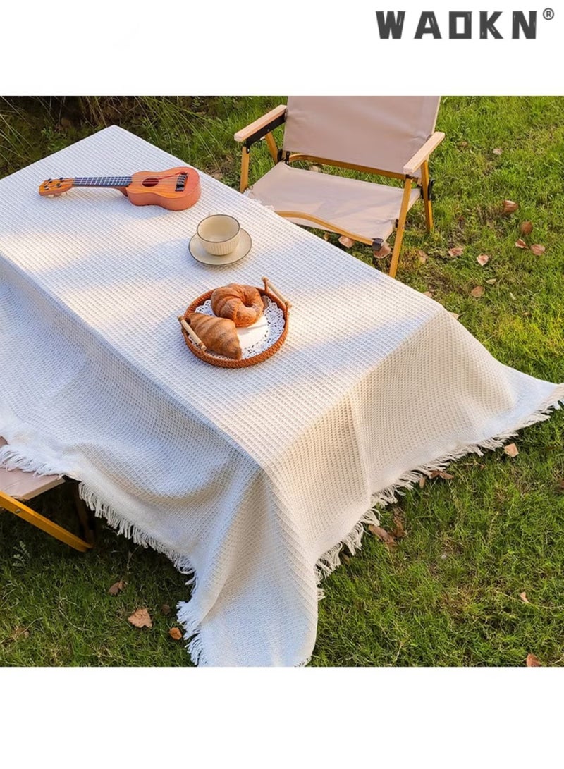 دبليو أيه أو كي أن مفرش طاولة من قطن تيريلين مع شرابة، ملاءة نزهة، سجادة نزهة، شمال أوروبا، قابلة للطي، خفيفة الوزن، كبيرة، مضغوطة، قابلة للتخزين، محمولة، للأنشطة الخارجية، المهرجانات الرياضية، مشاهدة أزهار الكرز، 180 × 130 سم، بيج - Image 1