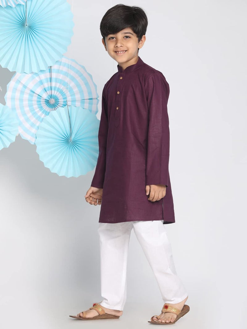 VASTRAMAY Boys' Cotton Solid Color Kurta with Full Sleeves, Mandarin Collar & Wooden Buttons – White Elasticated Waist Pyjama Set for Ethnic and Festive Occasions - Image 2