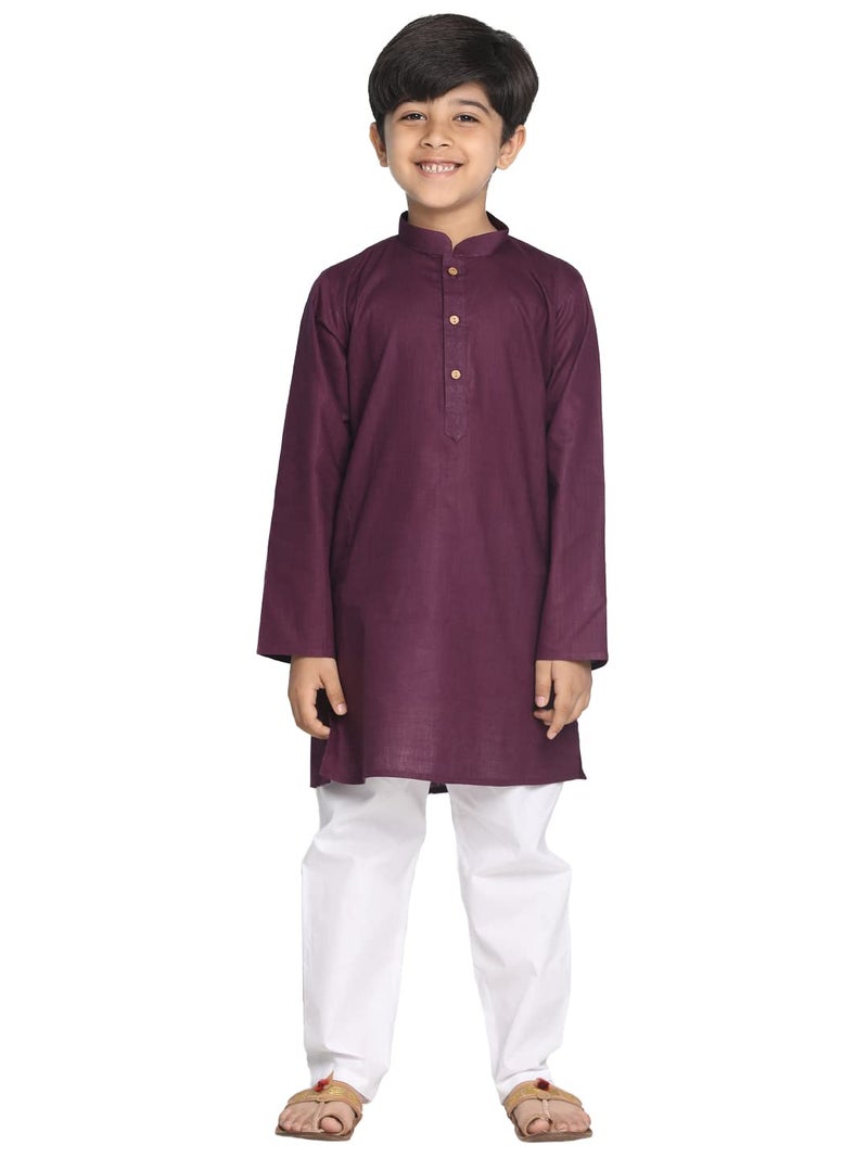 VASTRAMAY Boys' Cotton Solid Color Kurta with Full Sleeves, Mandarin Collar & Wooden Buttons – White Elasticated Waist Pyjama Set for Ethnic and Festive Occasions - Image 1