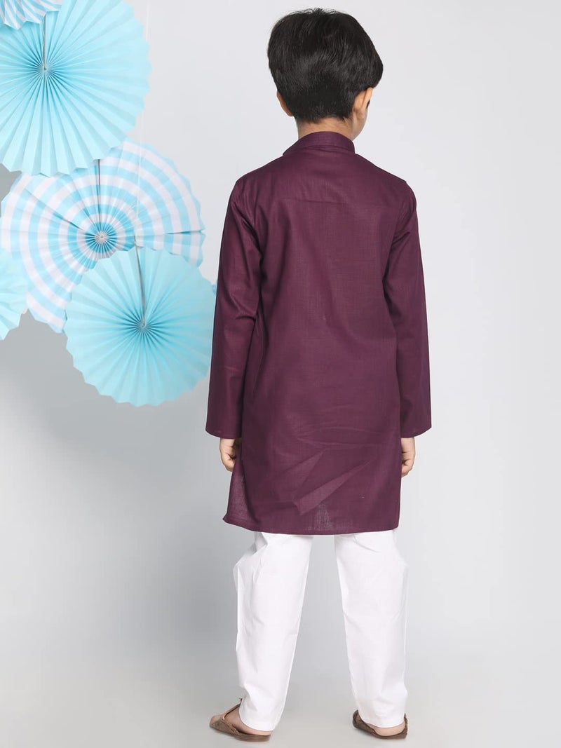 VASTRAMAY Boys' Cotton Solid Color Kurta with Full Sleeves, Mandarin Collar & Wooden Buttons – White Elasticated Waist Pyjama Set for Ethnic and Festive Occasions - Image 3