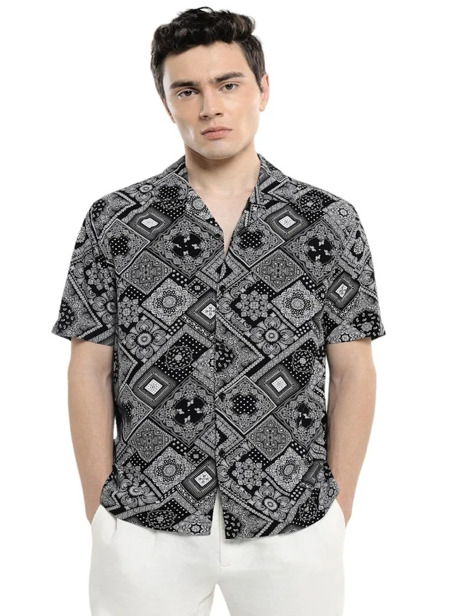 Dennis Lingo Relaxed Fit Black AOP Viscose Shirt Cuban Collar