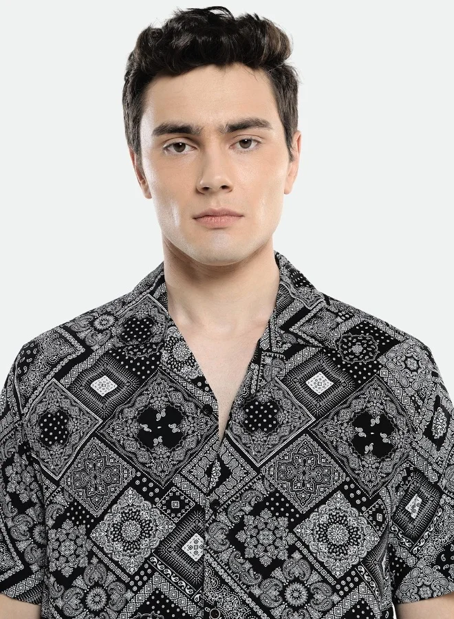 Dennis Lingo Relaxed Fit Black AOP Viscose Shirt Cuban Collar